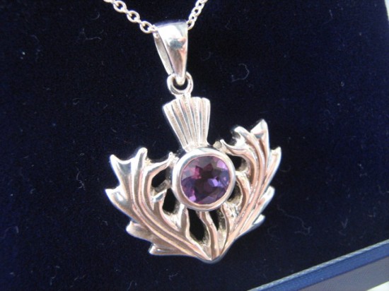 $75 Silver Scottish Thistle pendant with amethyst stone (20 mm).